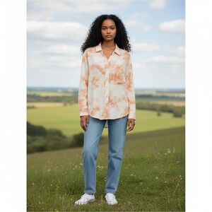 Roan + Ryan Cotton Gauze Salmon Tie-Dye  Button Up Oversized Small Women's Shirt